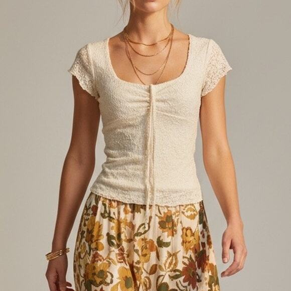 Madden Girl Tops - Cream Lace Fitted Scoop Neck Cap Sleeve Tassel Top XS